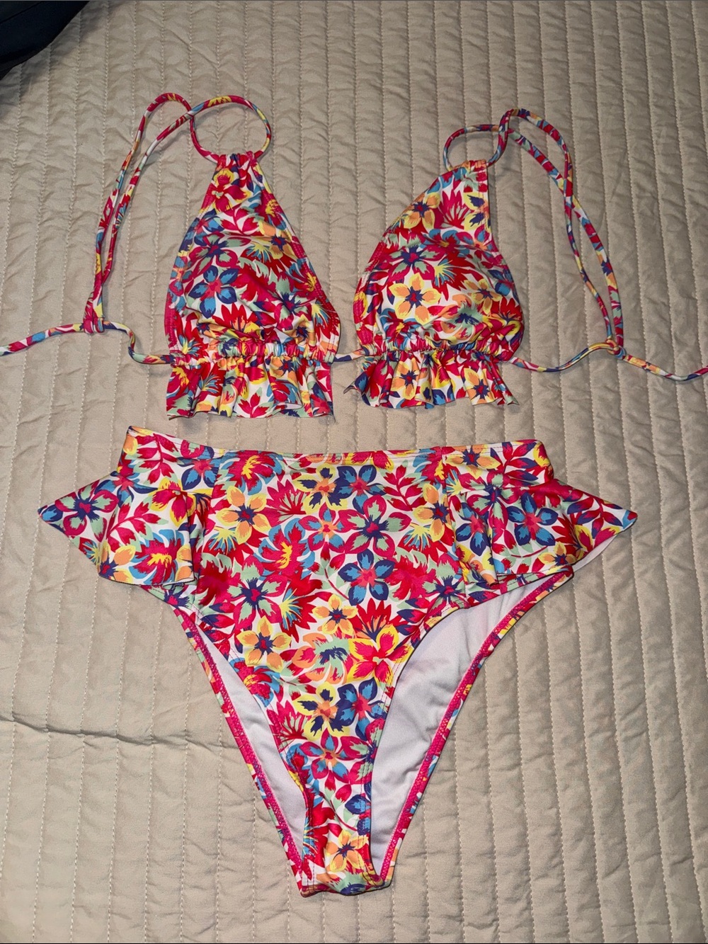Floral High-Waist Bikini Set in Red, Yellow, Blue